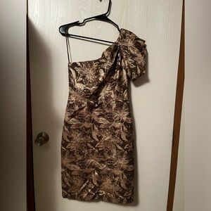 Eva Franco Anthropologie One-Shoulder Gold Brown Metallic Floral Dress Size 4